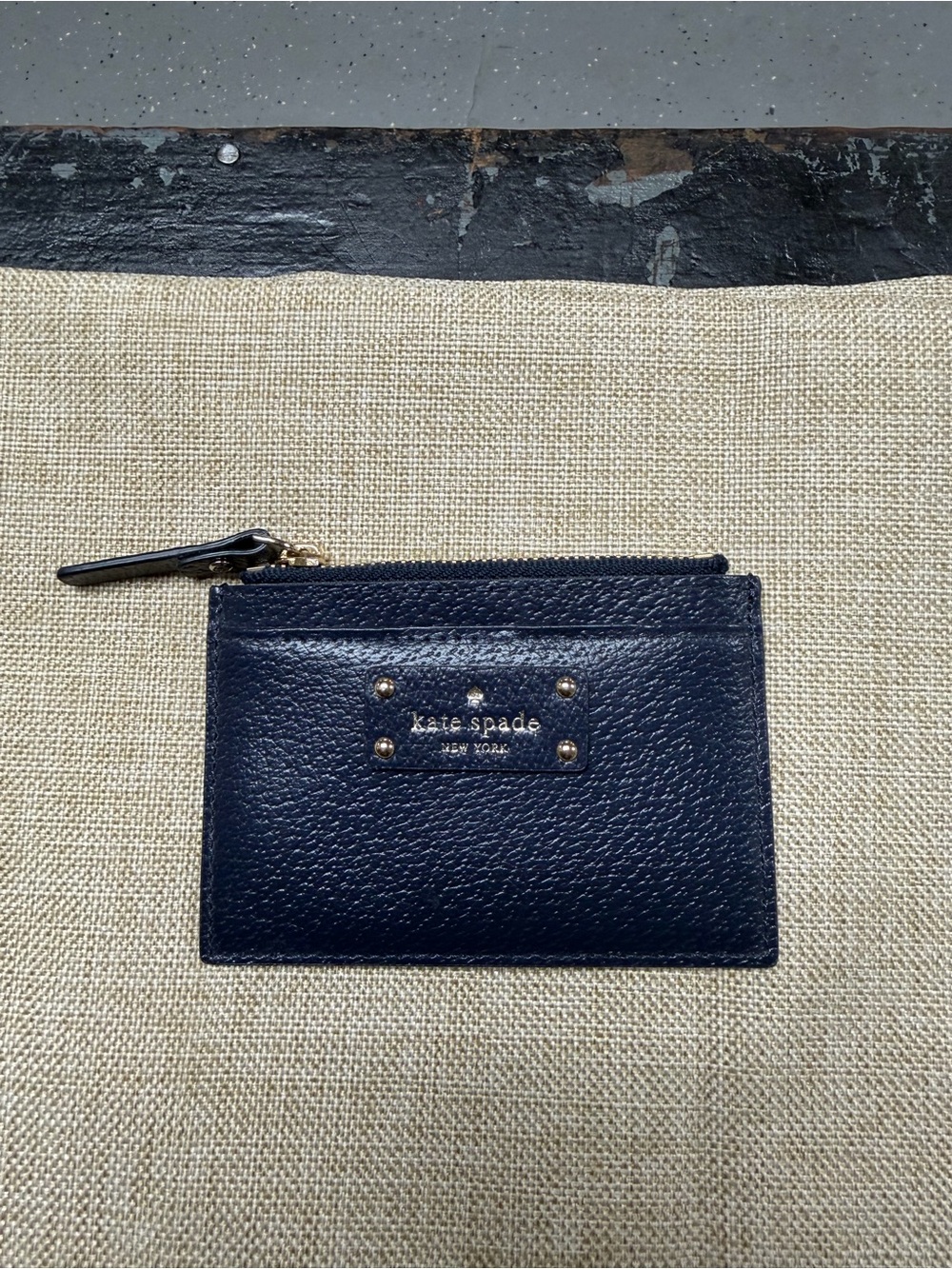 kate spade Navy Pebbled Leather Zip Card Wallet with Gold Accents